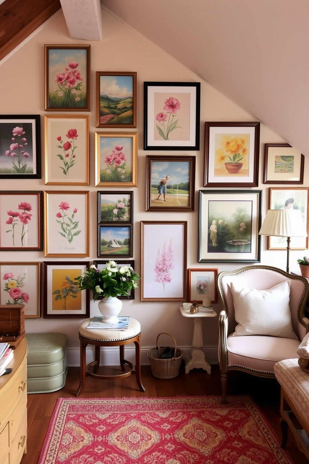 Create a stunning gallery wall featuring vibrant spring-themed art. Incorporate a mix of framed botanical prints, colorful landscapes, and abstract pieces that evoke the essence of the season. Design an inviting attic space that embraces a cozy and whimsical aesthetic. Utilize soft pastel colors, vintage furniture, and natural light to create a serene retreat perfect for relaxation and creativity.