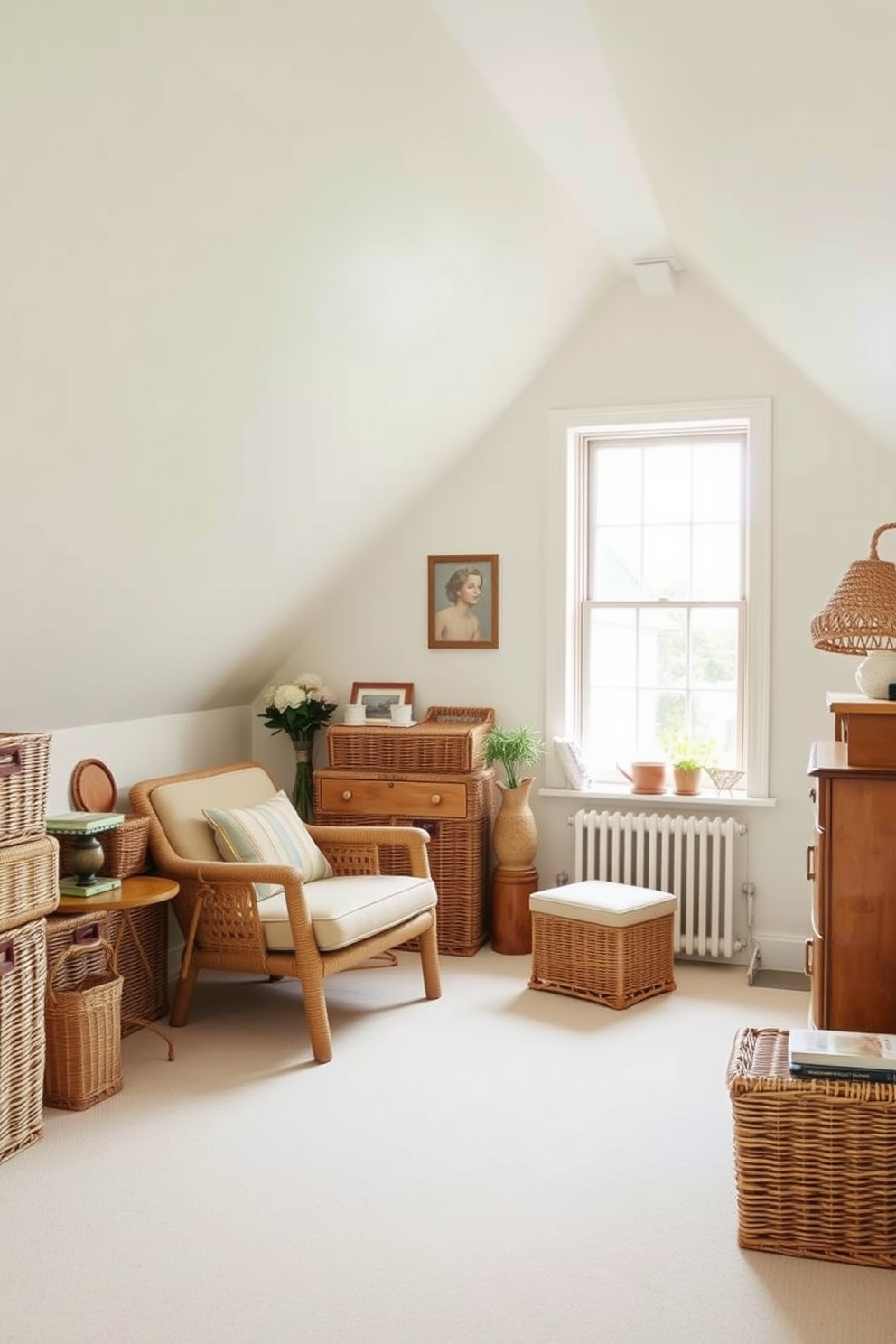 A charming spring attic space filled with natural light. Wicker baskets are strategically placed for stylish storage, adding warmth and texture to the room. The walls are painted in soft pastel tones, evoking a fresh and airy atmosphere. Vintage furniture pieces are arranged thoughtfully, creating a cozy reading nook by the window.