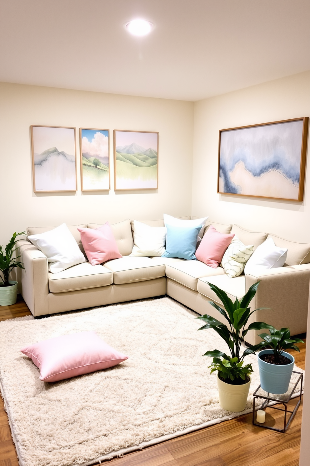 Brighten the basement space with an array of pastel throw pillows scattered across a plush sectional sofa. The walls are painted in a soft white hue, creating a fresh and inviting atmosphere perfect for spring decor.