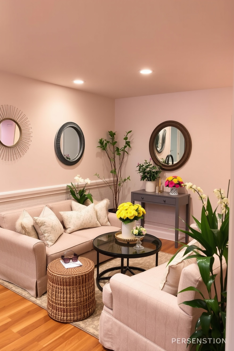 A cozy basement retreat filled with natural light. The space features sheer curtains that softly diffuse sunlight, creating a warm and inviting atmosphere. Incorporate pastel colors and floral accents to bring a touch of spring indoors. A comfortable seating area with plush cushions and a small coffee table completes the look, inviting relaxation and enjoyment.