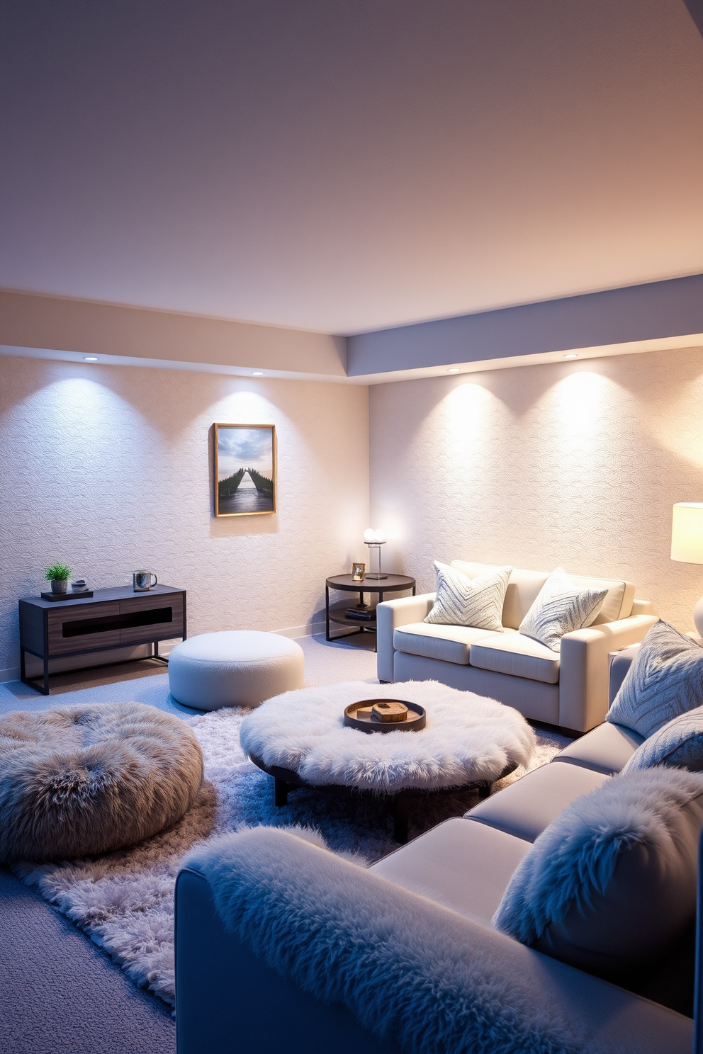 A cozy basement retreat designed for relaxation. Soft accent lighting illuminates the space, highlighting the textured walls and comfortable furnishings. Incorporate light pastel colors to create an airy feel. Add plush rugs and oversized cushions to enhance comfort and invite leisurely gatherings.