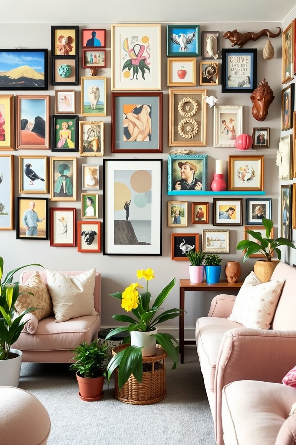 A whimsical gallery wall filled with colorful framed artwork and eclectic decor pieces creates a playful atmosphere. The wall features a mix of abstract paintings, vintage photographs, and quirky wall sculptures arranged in a visually appealing layout. For spring basement decorating ideas, plush seating options in light pastel colors invite relaxation. Soft, natural lighting combined with potted plants and cheerful accents brings a refreshing touch to the space.