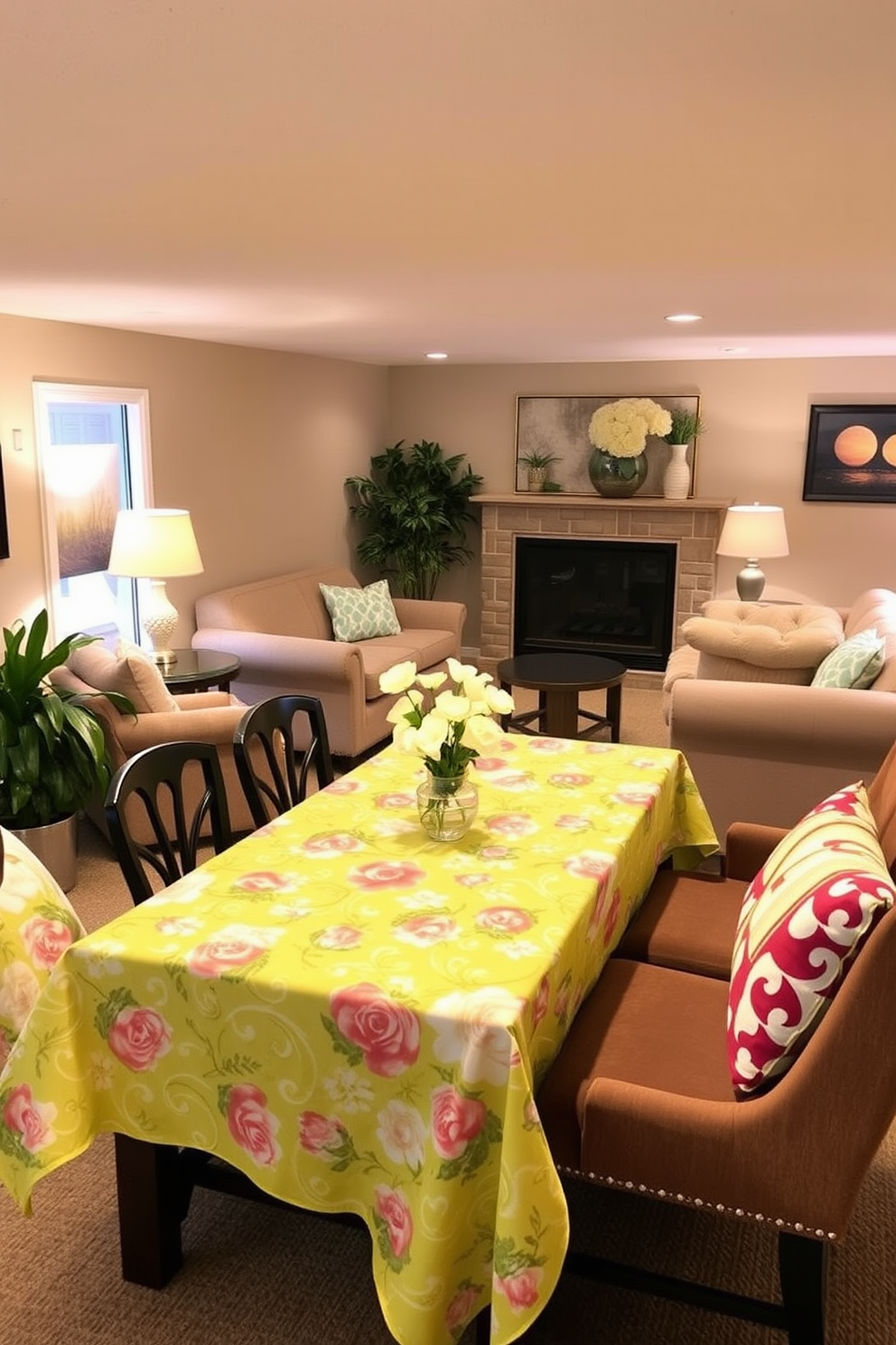 Create a warm and inviting basement space perfect for spring gatherings. Incorporate vibrant table linens that feature floral patterns and bright colors to enhance the cheerful atmosphere. Add comfortable seating options such as plush sofas and oversized chairs to encourage relaxation. Use soft lighting and decorative accents like potted plants to bring the outdoors inside.