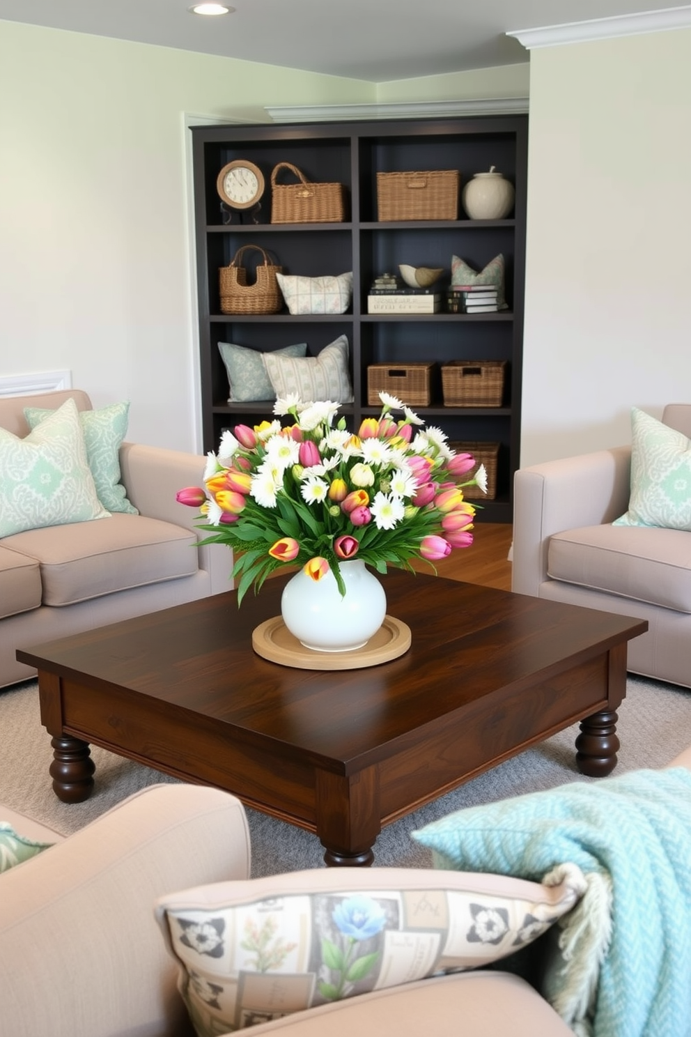 A cozy spring-themed basement setting features a large wooden coffee table adorned with a vibrant floral centerpiece showcasing fresh tulips and daisies in a ceramic vase. The walls are painted in soft pastel hues, and plush seating arrangements create an inviting atmosphere for relaxation and gatherings. In the corner, a stylish bookshelf displays an array of spring-inspired decor items, including woven baskets and colorful throw pillows. Soft ambient lighting highlights the space, making it perfect for enjoying leisurely afternoons or entertaining friends.