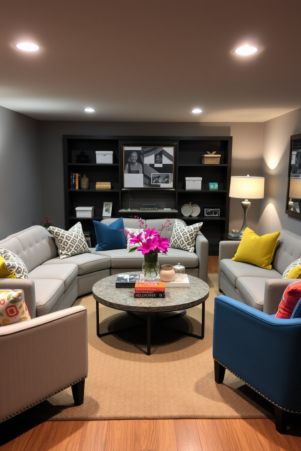 A cozy basement space designed for social gatherings. The seating arrangement includes a large sectional sofa in a soft gray fabric paired with colorful accent chairs, creating an inviting atmosphere for conversation. A round coffee table sits in the center, adorned with decorative books and a vibrant centerpiece. Soft lighting from stylish floor lamps enhances the warmth of the space, making it perfect for entertaining guests during spring.