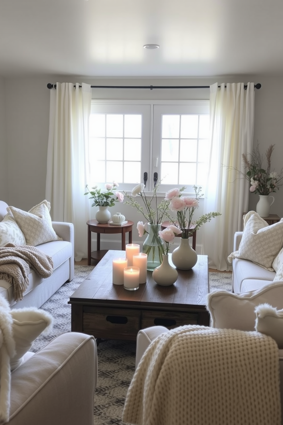 A cozy spring basement retreat featuring decorative trays for organization. The space is filled with soft pastel colors and natural light streaming through large windows. In one corner, a plush seating area is adorned with colorful throw pillows and a stylish area rug. Decorative trays on a coffee table hold magazines and fresh flowers, adding a touch of elegance to the relaxed atmosphere.