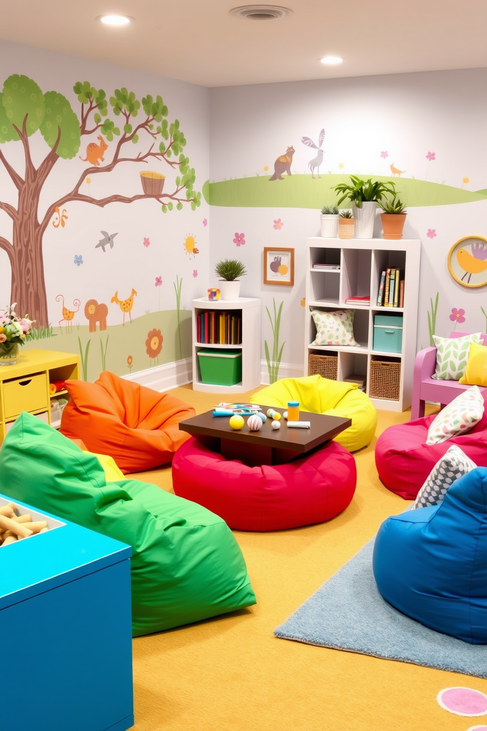 A vibrant kids' activity area filled with colorful furniture and playful decor. There are soft bean bags in bright colors scattered around a low table, where children can engage in arts and crafts. The walls are adorned with cheerful murals of animals and nature, creating an inviting atmosphere. A cozy reading nook with a small bookshelf and plush cushions adds a perfect touch for quiet time. Spring basement decorating ideas include light pastel colors that evoke a fresh and airy feel. Incorporate potted plants and floral patterns to bring the essence of spring indoors.