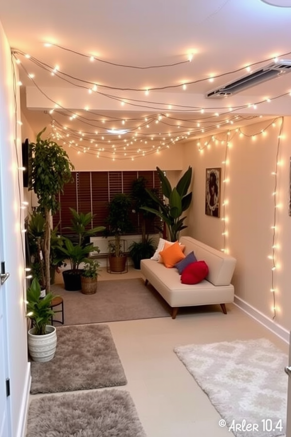 A cozy basement space adorned with soft string lights that create a warm and inviting atmosphere. The walls are painted in a light pastel color, and the floor features plush area rugs for added comfort. In one corner, a comfortable seating arrangement is set up with a modern sofa and colorful cushions. Potted plants are strategically placed around the room, bringing a touch of nature indoors and enhancing the festive vibe.