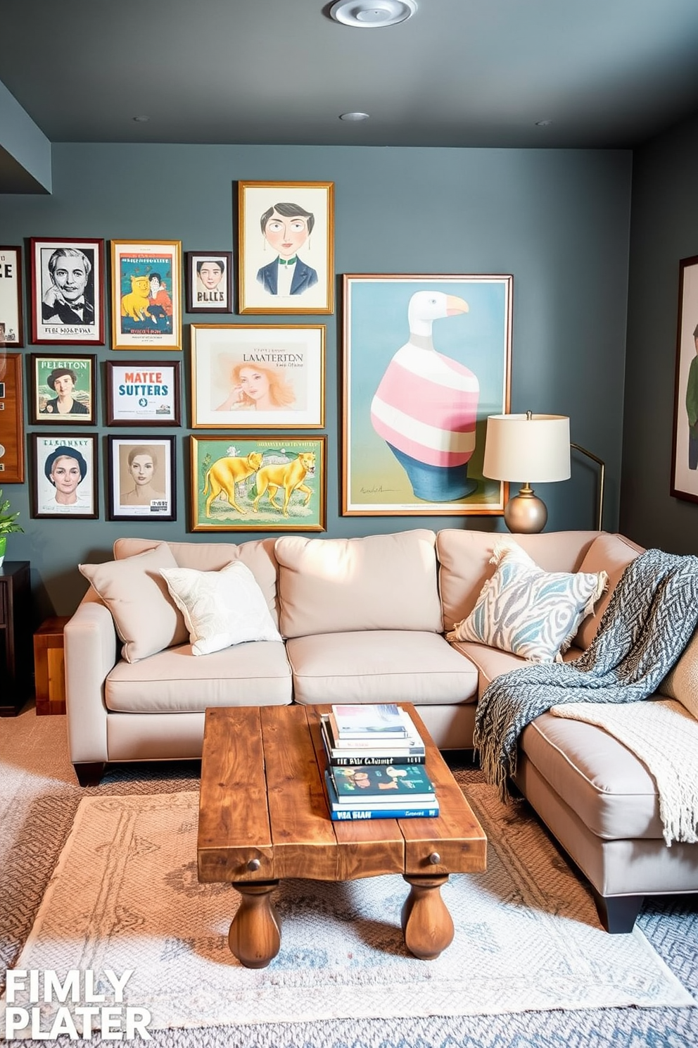 Create a cozy basement seating area featuring a plush sofa adorned with a variety of decorative cushions in vibrant spring colors. The walls are painted in a soft pastel hue, and a light area rug anchors the space, inviting relaxation and comfort.