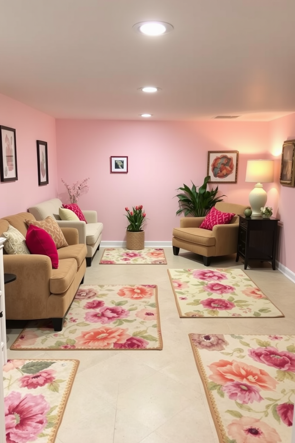 A cozy basement space decorated for spring. The floor is adorned with floral-patterned area rugs that add a touch of color and warmth. Soft pastel hues dominate the walls, creating a light and airy atmosphere. Plush seating arrangements with vibrant throw pillows invite relaxation and comfort.