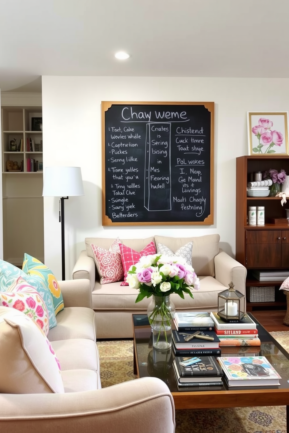 Create a cozy and inviting basement space that features a large chalkboard mounted on the wall for notes and reminders. The decor includes soft seating options, such as a plush sofa and colorful throw pillows, alongside a coffee table adorned with books and decorative items. The walls are painted in a light, airy color to enhance the brightness of the space. Add touches of spring with floral accents, such as a vase of fresh flowers on the coffee table and pastel-colored artwork that reflects the season.