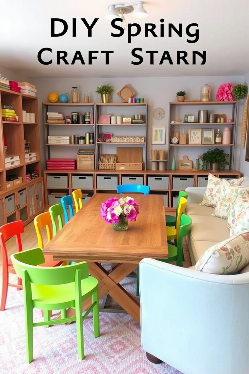 Create a DIY spring craft station with a large wooden table in the center surrounded by colorful chairs. The walls are adorned with shelves filled with art supplies and vibrant decorations, creating an inviting and creative atmosphere. For spring basement decorating ideas, transform the space into a cozy retreat with soft lighting and plush seating. Use pastel colors for the walls and add decorative elements like floral pillows and a coffee table adorned with fresh flowers.