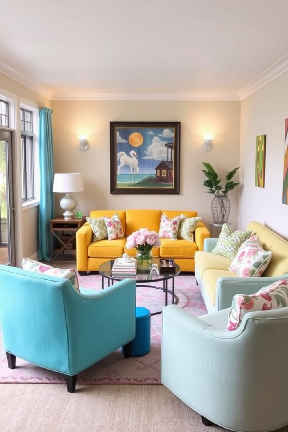 Create a vibrant basement space that embraces the essence of spring. Incorporate bright colored furniture accents such as a yellow sofa and turquoise armchairs to create a cheerful atmosphere. Add playful decorative elements like floral throw pillows and a pastel area rug to enhance the seasonal theme. Use light-colored walls and large windows to maximize natural light and create an airy feel.