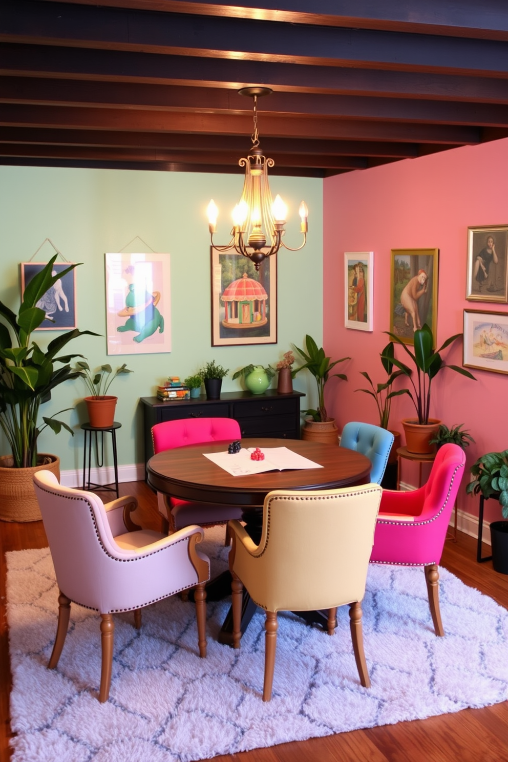 A vibrant game table setup in a cozy basement. The table is surrounded by colorful upholstered chairs, and a vintage chandelier hangs above, casting a warm glow. The walls are painted in a soft pastel hue, adorned with playful artwork. A plush area rug anchors the space, while potted plants add a touch of greenery to the cheerful atmosphere.