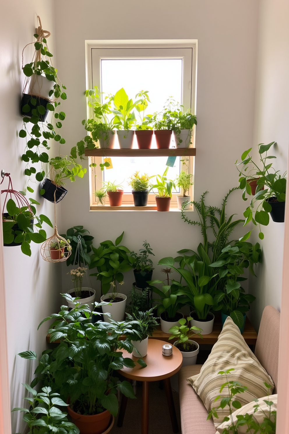 A cozy mini indoor garden space filled with various potted plants in different sizes. Soft natural light filters in through a small window, illuminating a wooden shelf that holds an assortment of herbs and succulents. The walls are painted in a light pastel color, creating a serene backdrop for the greenery. A comfortable seating area with a small table is nestled among the plants, inviting relaxation and enjoyment of the indoor oasis.