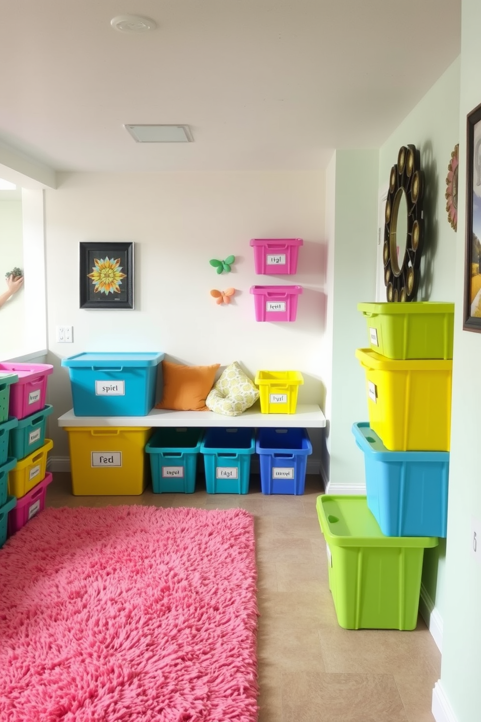 A bright and cheerful basement space featuring colorful storage bins in various sizes and shapes, neatly arranged along a wall. The bins are labeled for easy organization, and a cozy seating area with vibrant cushions invites relaxation. The walls are painted in a light pastel hue, creating an airy atmosphere, while decorative wall art adds personality to the room. A plush area rug in a complementary color ties the space together, enhancing the spring-inspired decor.