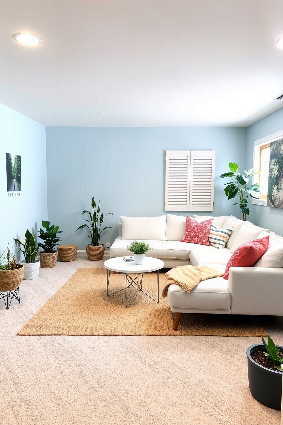 A bright and airy basement space designed for relaxation and entertainment. The walls are painted in a soft pastel blue, complemented by light wood accents and plush white furnishings. In one corner, a cozy seating area features a large sectional sofa adorned with colorful throw pillows. A stylish coffee table sits atop a light jute rug, surrounded by potted plants that add a touch of greenery and freshness.