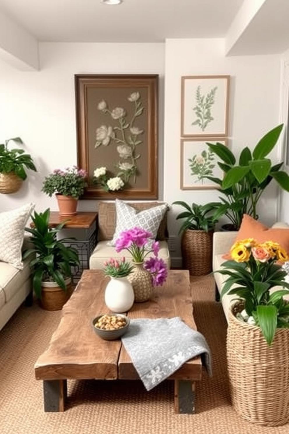 Create a bright and inviting basement space that features an array of colorful decorative bowls displayed on a sleek wooden shelf. The walls are painted in a light pastel color, and natural light floods in through large windows, enhancing the cheerful atmosphere.