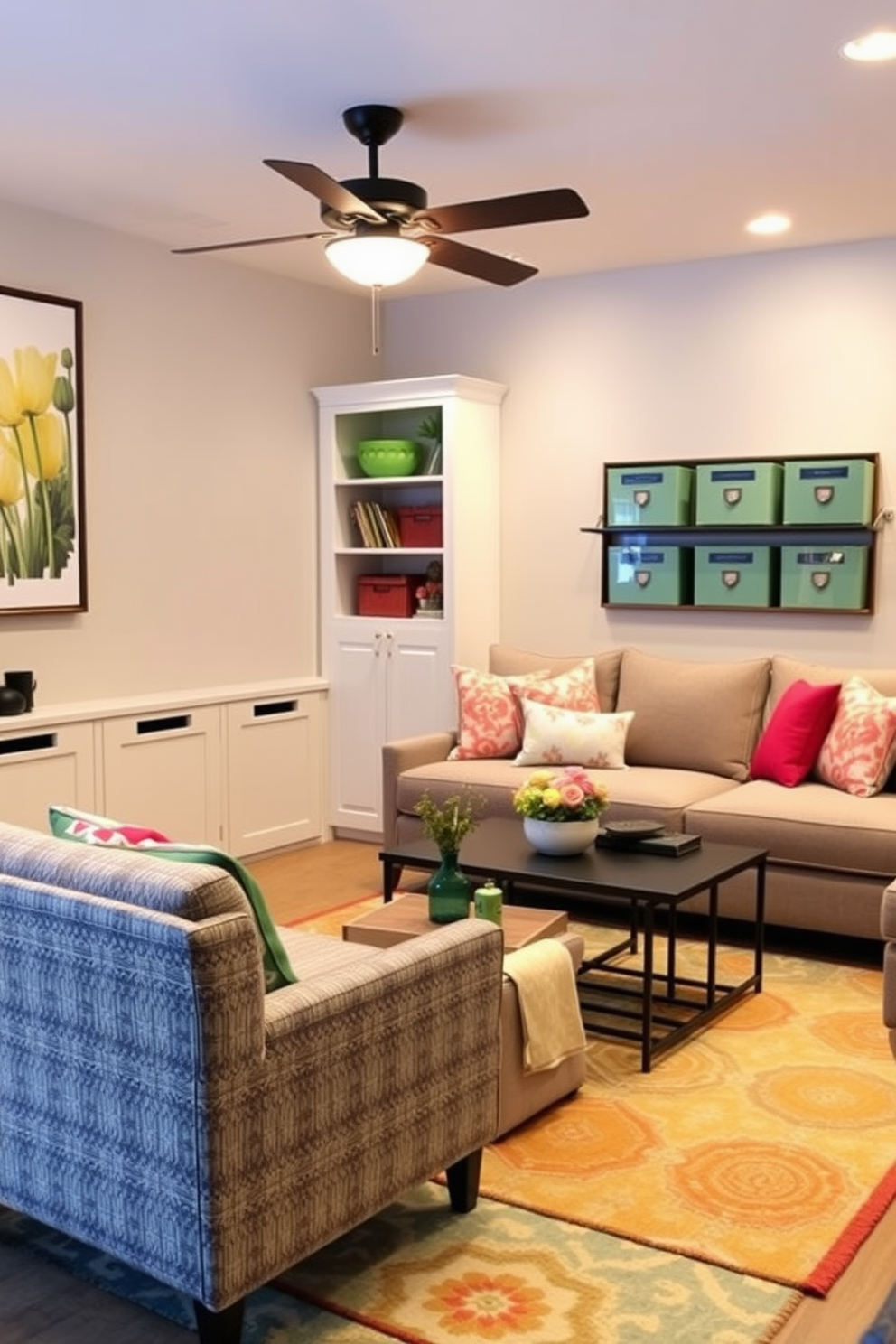 A cheerful spring basement setting filled with vibrant decor. Soft pastel colors dominate the space, with floral throw pillows on a cozy sectional sofa and a light area rug underfoot. A collection of potted plants in varying sizes adds a touch of greenery to the room. Seasonal decorations like decorative eggs and bunnies are playfully arranged on shelves and tables, enhancing the festive atmosphere.