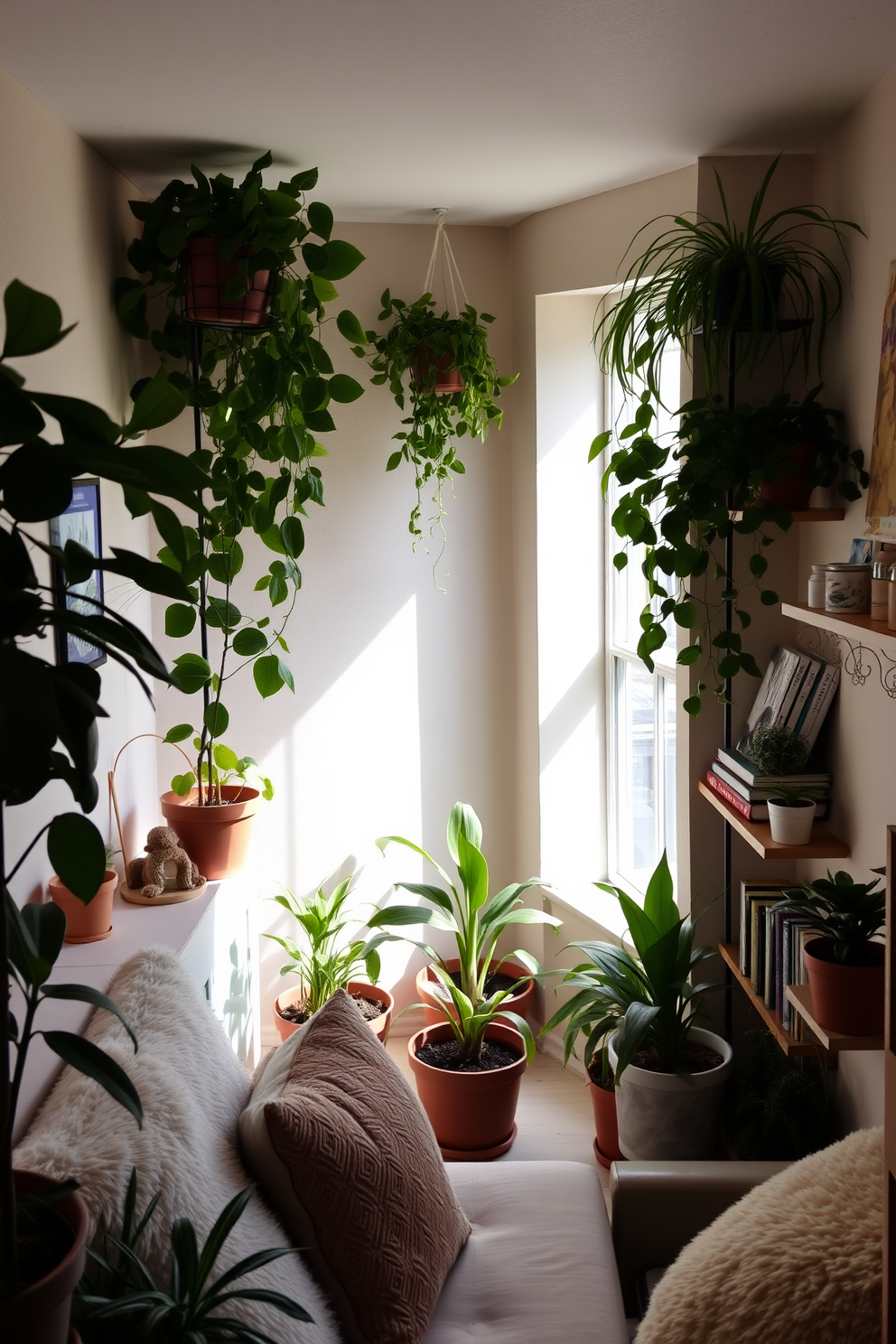 A cozy basement space filled with natural light. Potted plants of various sizes are strategically placed around the room, bringing a touch of greenery and freshness to the decor. The walls are painted in a soft pastel color, creating a serene atmosphere. A comfortable seating area with plush cushions invites relaxation, while decorative shelves display books and small plants.