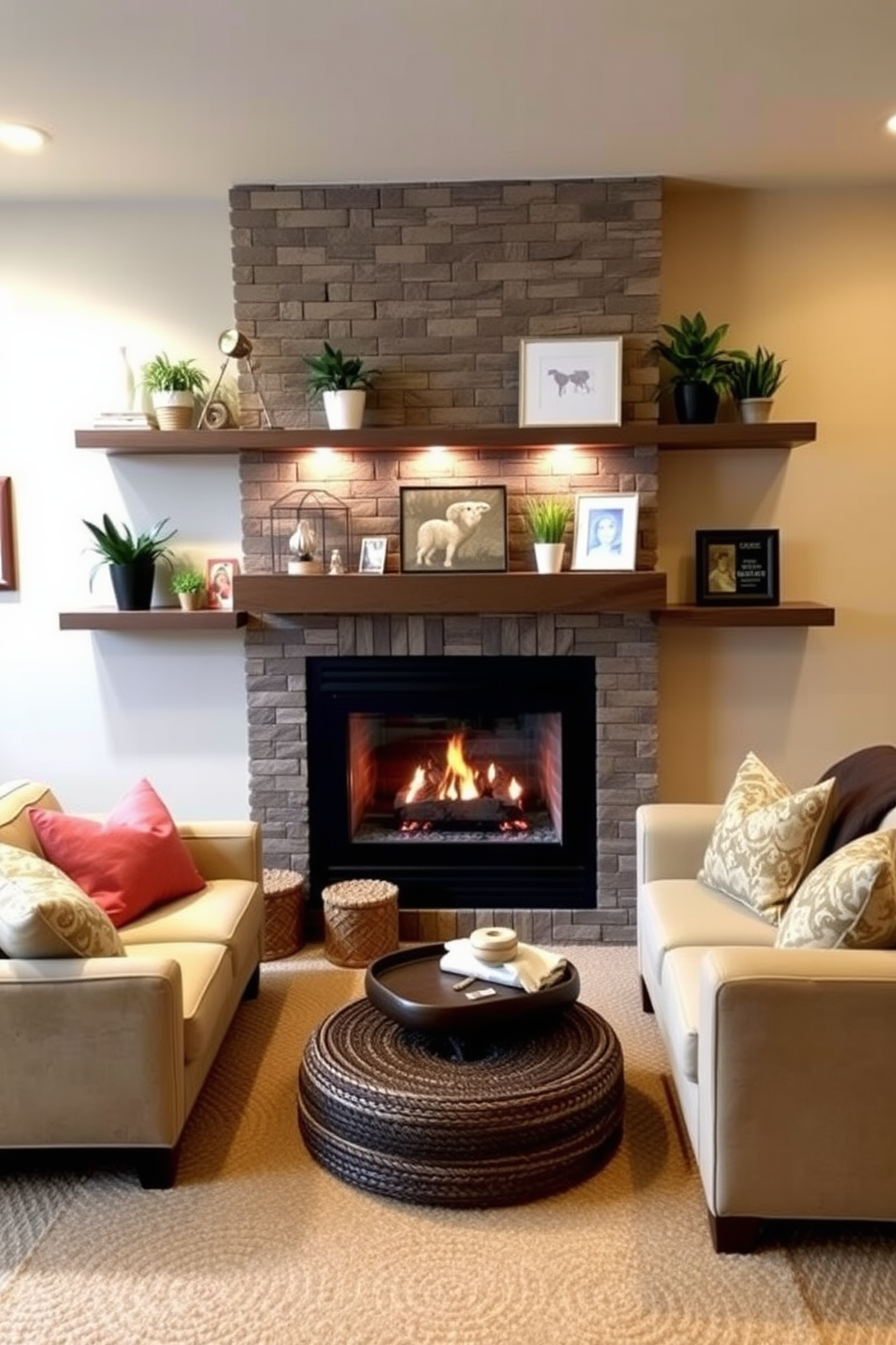 A cozy basement retreat featuring a modern fireplace that adds warmth to the space. The walls are painted in a soft beige, and plush seating arrangements with colorful throw pillows invite relaxation. Decorative shelves line one wall, showcasing potted plants and personal memorabilia. A woven area rug anchors the seating area, while ambient lighting enhances the inviting atmosphere.