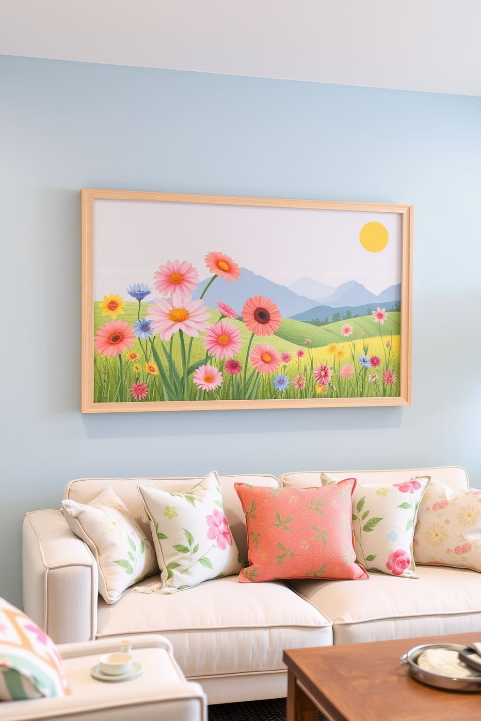 Hang cheerful spring-themed artwork that features vibrant flowers and sunny landscapes. The artwork should be framed in light wood to complement the bright and airy atmosphere of the space. In the spring basement, incorporate soft pastel colors to create a warm and inviting environment. Add comfortable seating with floral-patterned cushions and a cozy area rug to enhance the cheerful theme.