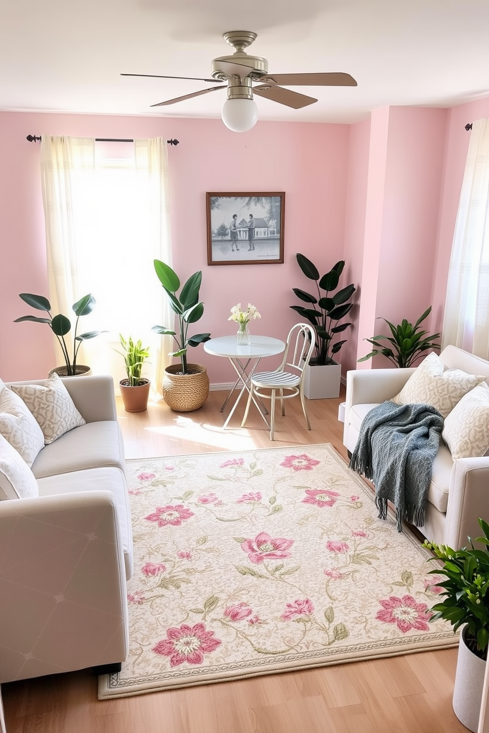 A cozy spring basement retreat featuring soft pastel colors on the walls and plush seating arrangements. A large area rug with floral patterns anchors the space, while light sheer curtains allow natural light to fill the room. In one corner, a small bistro table with two chairs creates an inviting nook for morning coffee. Potted plants and decorative cushions add a touch of freshness and comfort to the overall design.