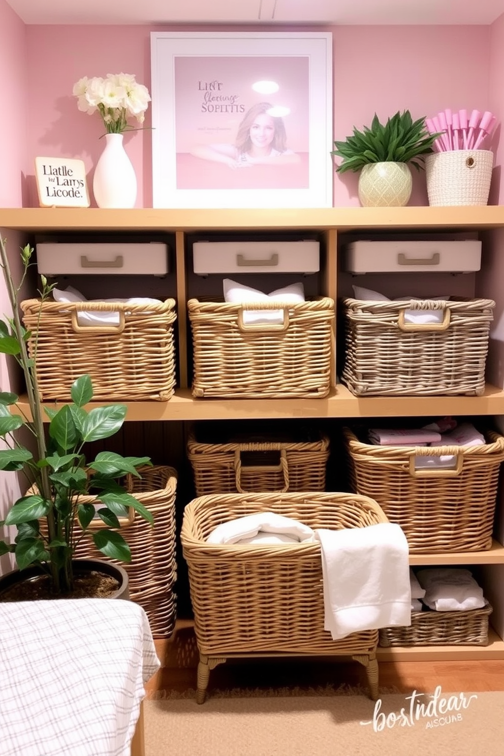 A cozy spring basement retreat featuring wicker baskets for storage solutions. The warm tones of the wicker complement the soft pastel colors of the decor, creating an inviting atmosphere.