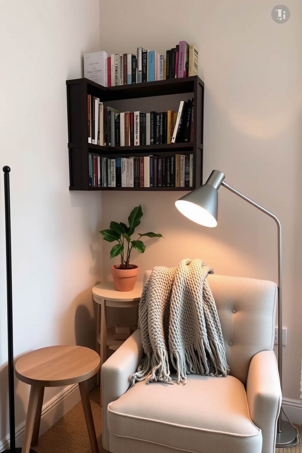 A cozy reading nook corner features a plush armchair upholstered in soft fabric, positioned next to a small wooden side table. A warm, knitted throw is draped over the armchair, and a stylish floor lamp casts a gentle light over the space. The walls are painted in a soft pastel hue, creating a serene atmosphere. Shelves filled with books are mounted above the armchair, and a potted plant adds a touch of greenery to the corner.