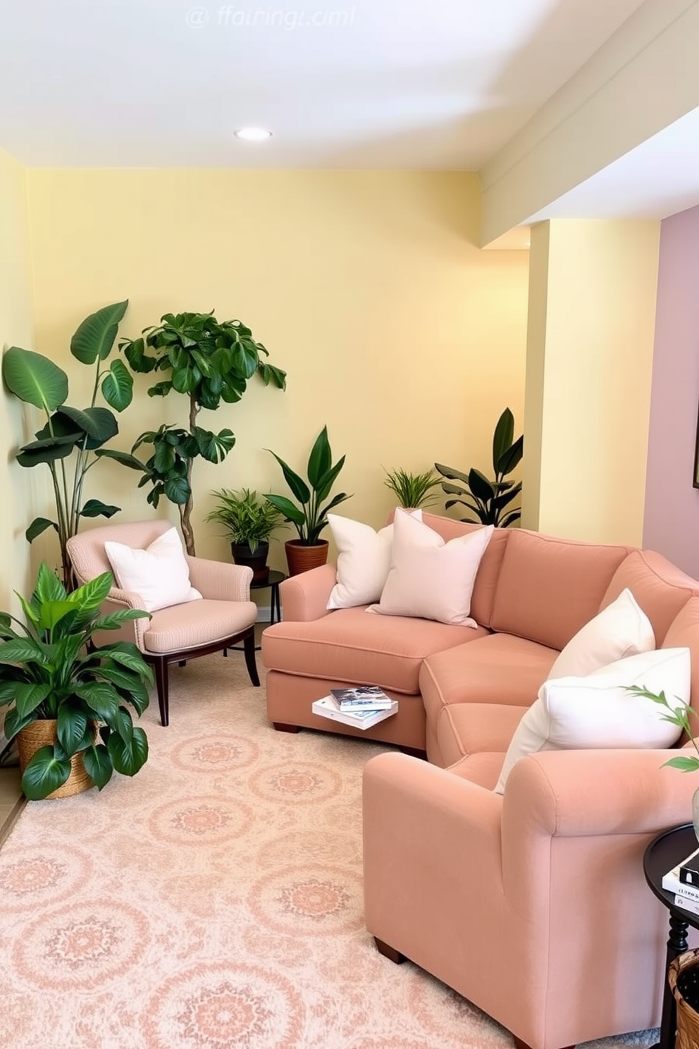 A cozy basement retreat with walls painted in soft spring hues such as pale yellow and light lavender. The space features a plush sectional sofa adorned with pastel throw pillows and a soft area rug that complements the color scheme. In one corner, a small reading nook is created with a comfortable armchair and a side table holding a stack of books. Decorative plants are placed strategically throughout the room to bring in a fresh, vibrant feel.