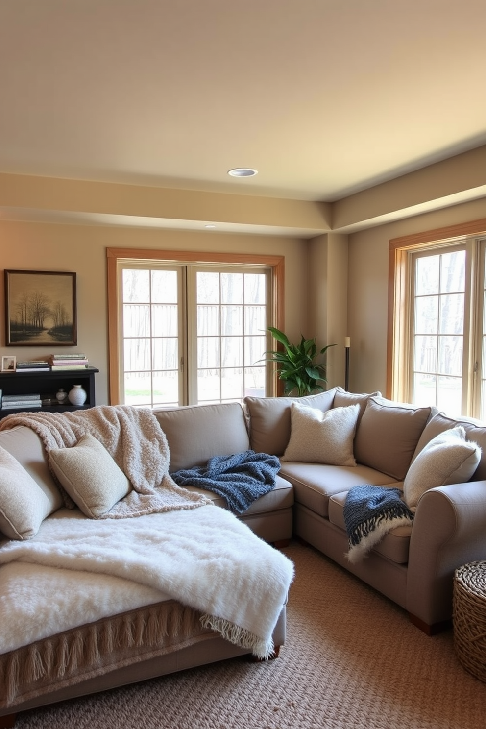 A cozy basement retreat featuring layered textures with soft, inviting blankets draped over a plush sectional sofa. The walls are painted in a warm neutral tone, and large windows allow natural light to flood the space, enhancing the inviting atmosphere.