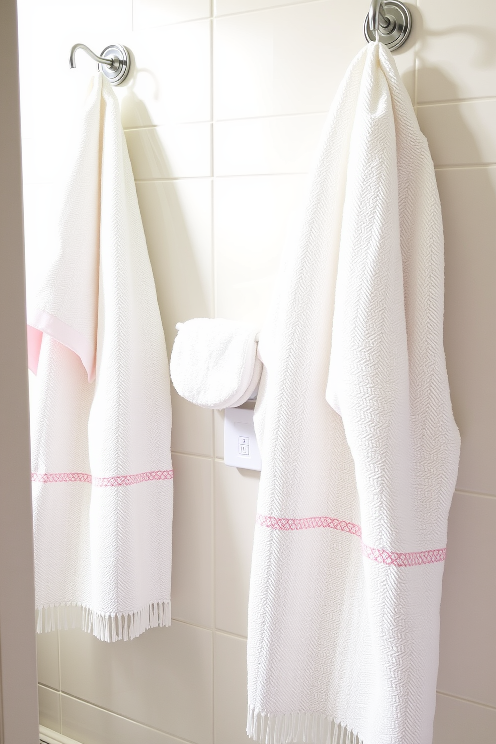 Fresh white towels with pastel accents adorn the bathroom, creating a serene and inviting atmosphere. Soft pink and mint green hues complement the crispness of the towels, enhancing the overall spring theme.