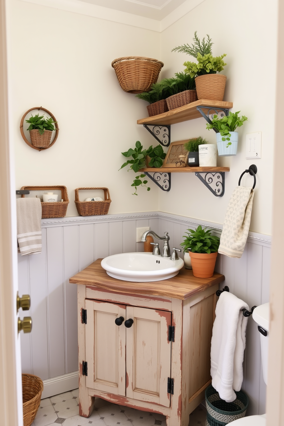 A charming bathroom filled with vintage farmhouse decor elements. The space features a distressed wooden vanity paired with a classic porcelain sink and a vintage-inspired faucet. Soft pastel colors adorn the walls, creating a fresh and inviting atmosphere. Shelves adorned with rustic baskets and potted plants add warmth and character to the room.