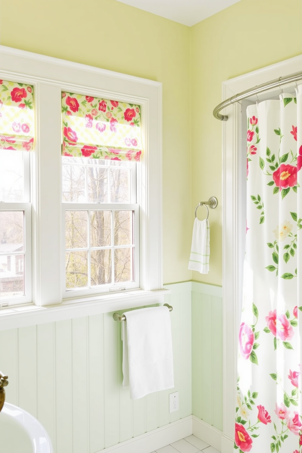 A bright and cheerful bathroom filled with spring vibes. The windows are adorned with vibrant patterned treatments that let in plenty of natural light. The walls are painted in a soft pastel hue, creating a fresh and inviting atmosphere. Decorative accents such as floral towels and a colorful shower curtain enhance the seasonal theme.