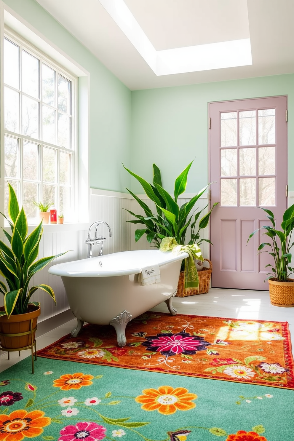 A vibrant spring bathroom setting. The space features a colorful rug with floral patterns that adds warmth and character, complementing the soft pastel hues of the walls. A freestanding bathtub sits elegantly in the corner, surrounded by potted plants that bring a touch of nature indoors. Natural light pours in through a large window, enhancing the fresh and inviting atmosphere.