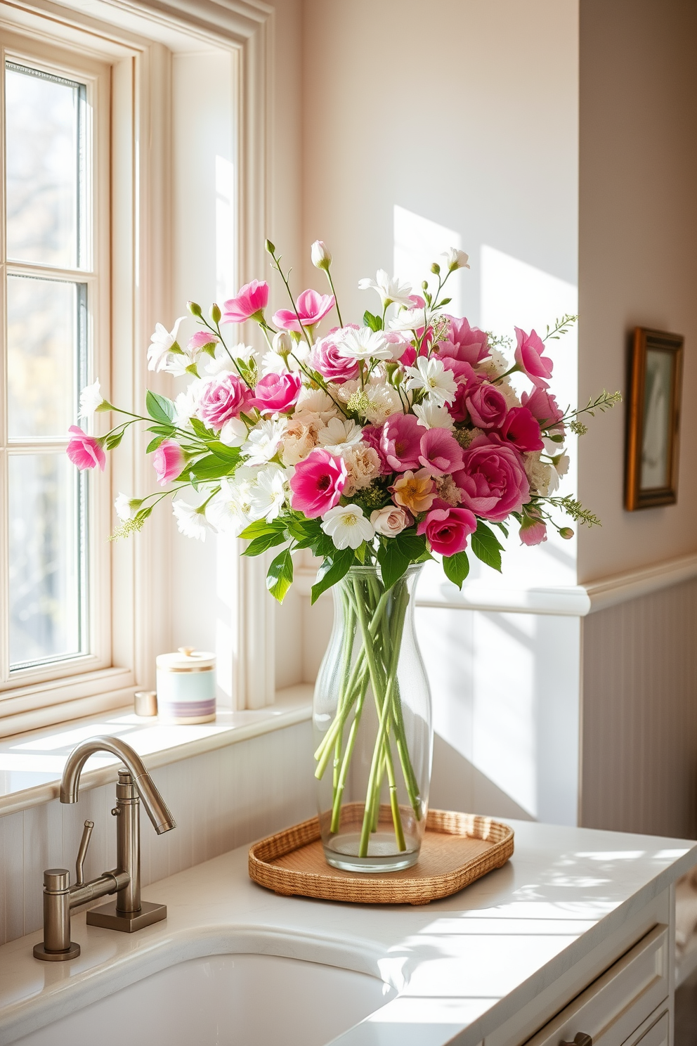 A bright and airy bathroom filled with natural light. A large vase overflowing with fresh spring flowers sits on the countertop, adding a vibrant touch to the serene space. Soft pastel colors adorn the walls, creating a calming atmosphere. The decor includes elegant accessories that complement the floral arrangement, enhancing the overall spring theme.