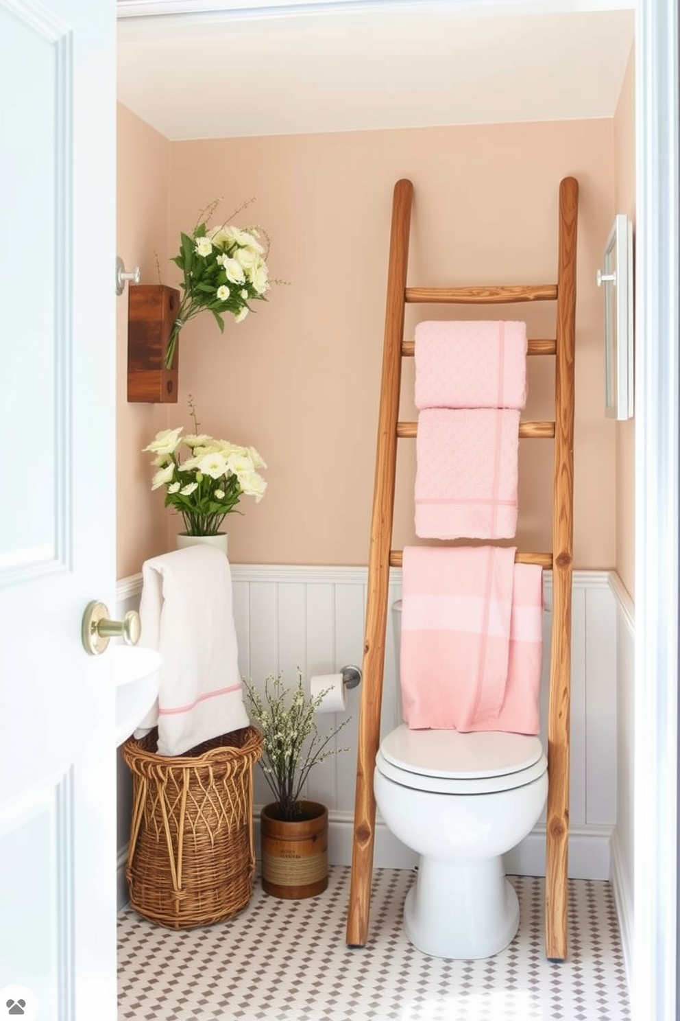 A bright and airy bathroom features a decorative wooden ladder leaning against the wall, elegantly displaying plush towels in soft pastel colors. The space is enhanced by fresh spring-inspired decor, including floral accents and a light, cheerful color palette that evokes a sense of renewal.