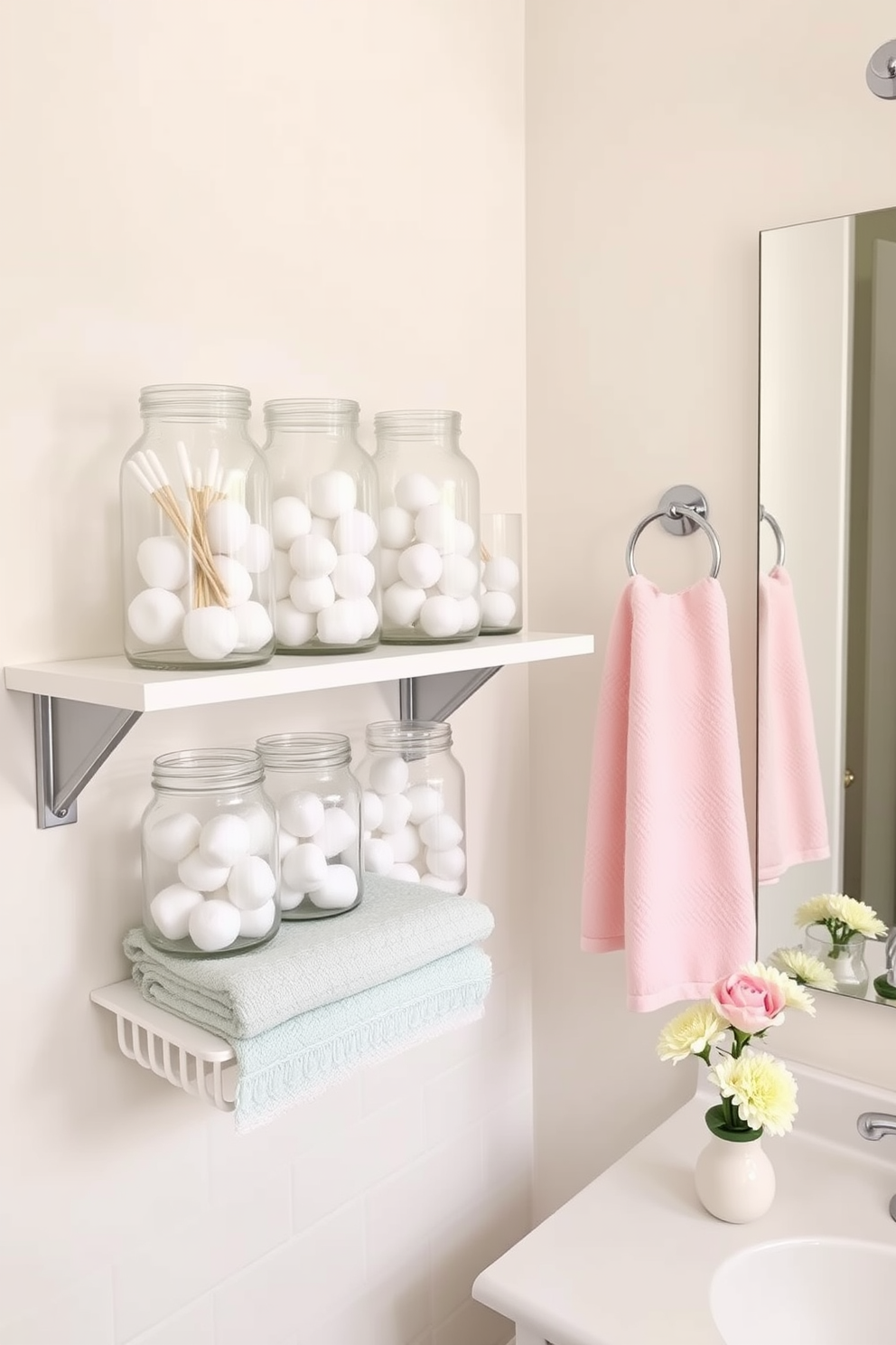 A bright and airy bathroom featuring glass jars filled with cotton balls and swabs neatly arranged on a floating shelf. The decor is enhanced by spring-themed accents such as pastel-colored towels and a small vase of fresh flowers on the countertop.