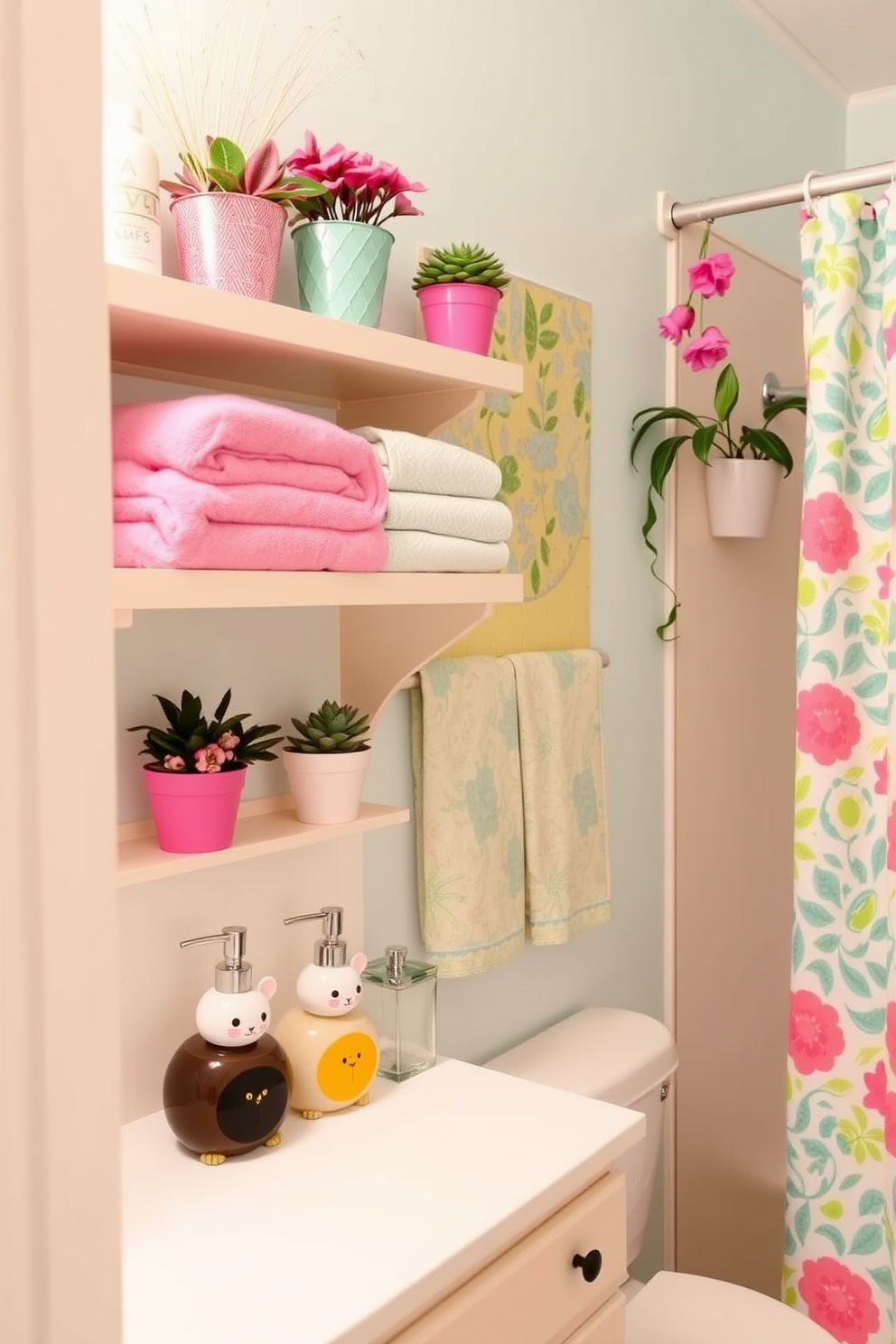 A bright and cheerful bathroom filled with playful soap dispensers and accessories. The walls are painted in a soft pastel color, and the shelves are adorned with colorful towels and vibrant plants. On the countertop, whimsical soap dispensers shaped like animals add a fun touch. A patterned shower curtain complements the accessories, creating a lively and inviting atmosphere.