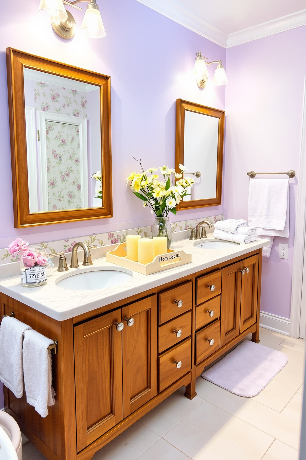 A cheerful bathroom setting filled with spring vibes. The space features a bright color palette with pastel accents and floral patterns throughout. A wooden vanity with a marble countertop holds two sinks, complemented by rectangular mirrors with playful frames. On the countertop, a cheerful bath tray displays essential items like soap and candles, adding a touch of charm. The walls are painted in a soft lavender hue, and the floor is adorned with light-colored tiles. Fresh flowers in a vase bring life to the space, while fluffy towels are neatly arranged for a cozy feel.