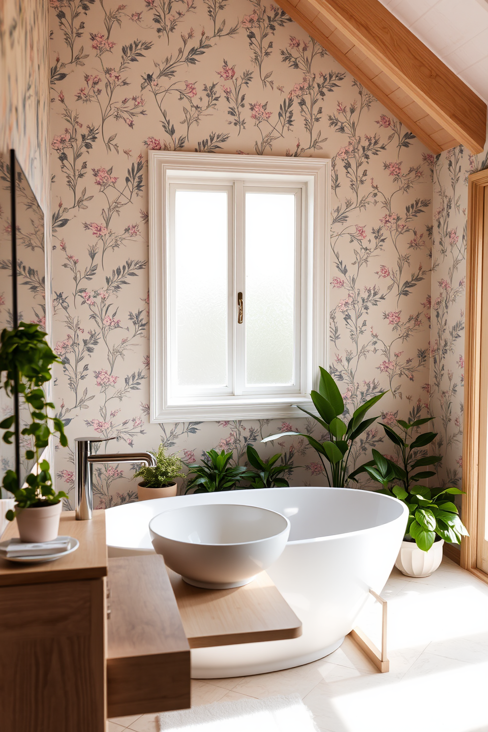 A serene bathroom retreat featuring nature-inspired wallpaper adorned with delicate floral patterns in soft pastel colors. The space includes a freestanding bathtub surrounded by potted plants, creating a tranquil oasis for relaxation. Light wood accents complement the design, with a floating vanity showcasing a sleek vessel sink. Natural light filters through a frosted window, enhancing the fresh and airy atmosphere of the room.