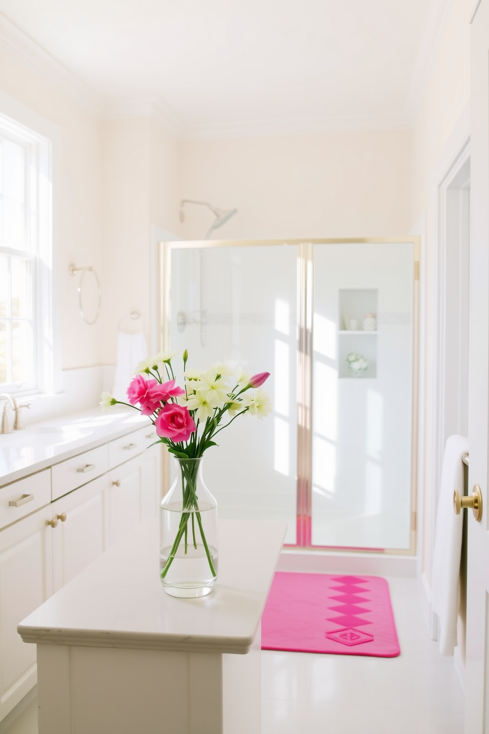 A bright and airy bathroom filled with natural light. The walls are painted in a soft pastel hue, complemented by white cabinetry and a large walk-in shower. A vibrant shower mat adds a pop of color and contrast to the space. Fresh spring flowers in a vase sit on the countertop, enhancing the cheerful atmosphere.