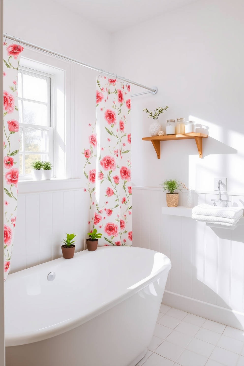 A bright and airy bathroom setting featuring a floral shower curtain that adds a cheerful spring vibe. The walls are painted in a soft pastel hue, complemented by fresh white accents and natural light streaming through a window. The space includes a sleek white bathtub adorned with potted plants on the edge. A wooden shelf holds neatly folded towels and decorative jars, enhancing the inviting atmosphere.