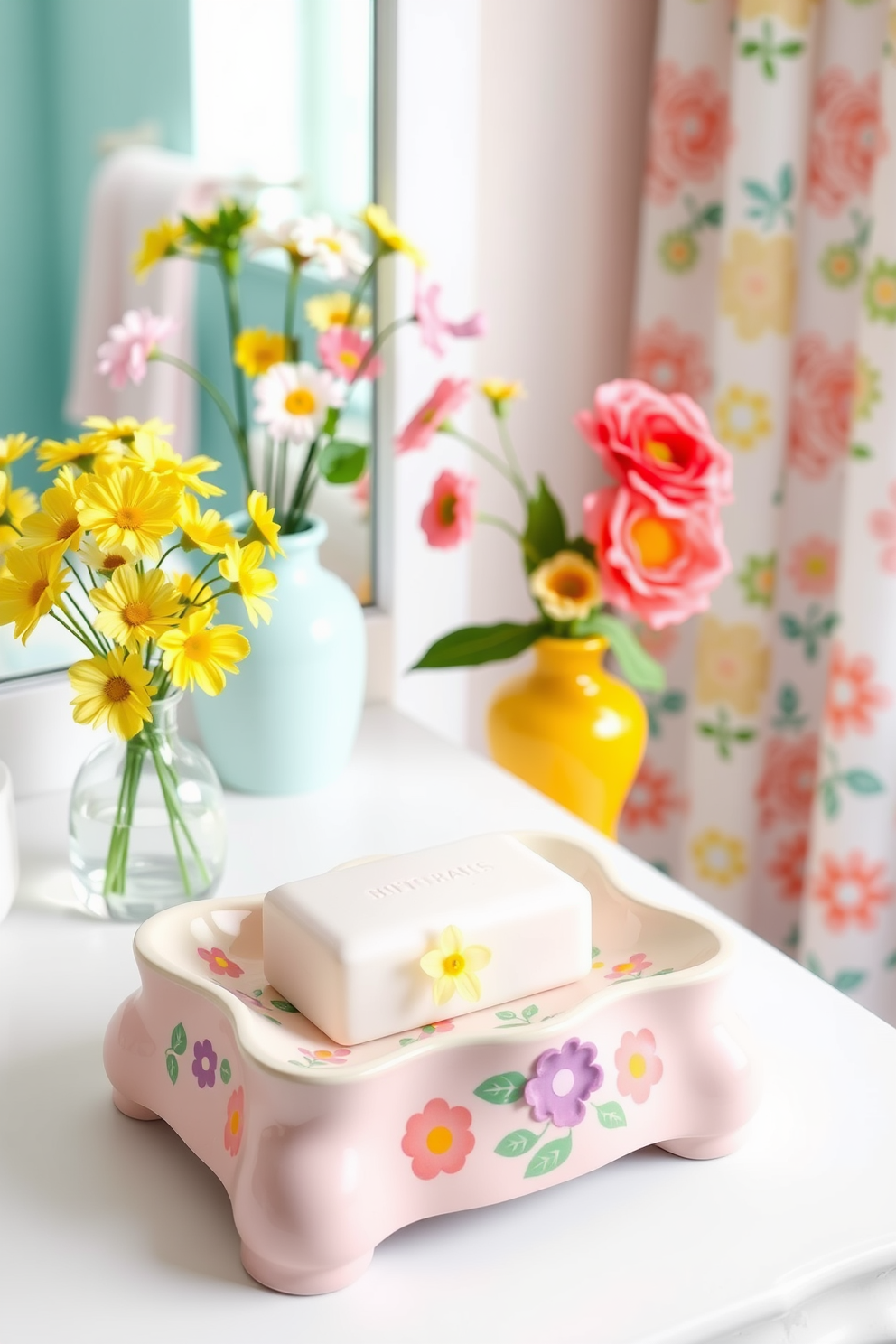 A whimsical soap dish design that features playful shapes and vibrant colors. The soap dish is adorned with floral patterns and is placed on a bright countertop surrounded by pastel-colored accessories. Spring bathroom decorating ideas include fresh flowers in cheerful vases and light, airy textiles. Incorporate pastel towels and a colorful shower curtain to evoke a sense of renewal and warmth.