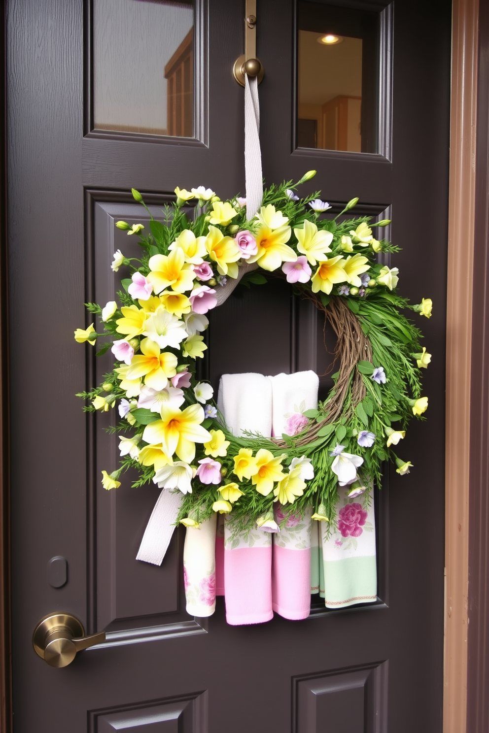 A charming front door adorned with a vibrant spring-themed wreath made of fresh flowers and greenery. The wreath features pastel colors like pink, yellow, and lavender, evoking the essence of the season. Inside, the bathroom is decorated with soft pastel accents and floral patterns. A collection of decorative towels in coordinating colors hangs neatly on a rack, enhancing the spring ambiance.