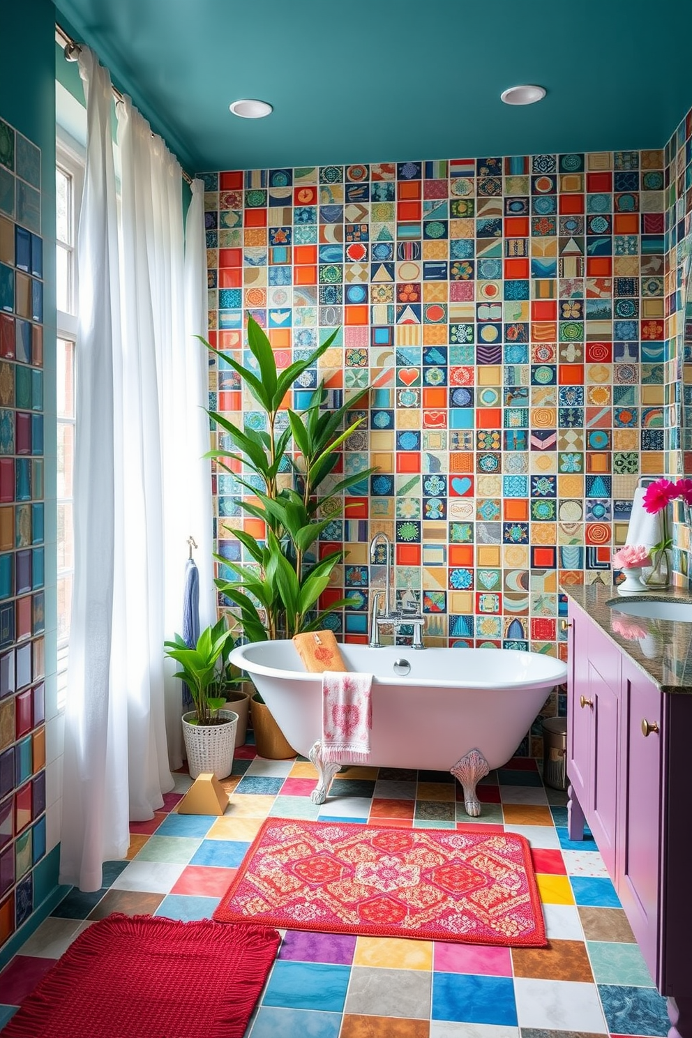 A vibrant bathroom filled with colorful ceramic tiles that create a lively accent wall. The space features a freestanding bathtub surrounded by lush greenery and soft, natural light filtering through sheer curtains. The vanity is adorned with playful accessories and fresh flowers, adding a touch of spring to the decor. A cheerful bath mat complements the overall theme, inviting relaxation and rejuvenation.