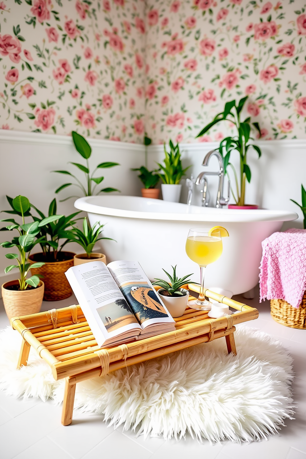 A vibrant spring bathroom featuring a fun bath caddy made of bamboo that holds a book and a glass of lemonade. The walls are adorned with pastel floral wallpaper, and a plush white rug lies in front of a freestanding tub surrounded by potted plants.