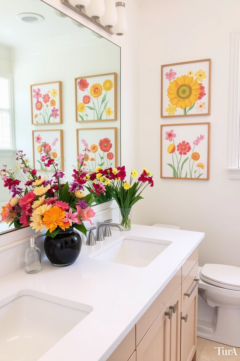 A bright and airy bathroom features a sleek white countertop adorned with colorful seasonal art pieces that celebrate the essence of spring. Fresh flowers in vibrant hues are arranged alongside the artwork, creating a cheerful and inviting atmosphere.