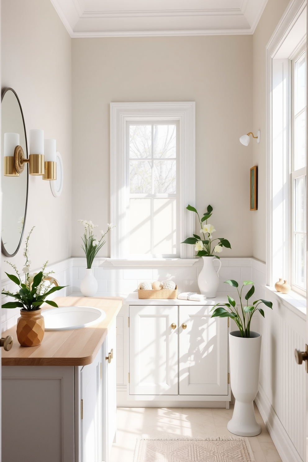 A bright and airy bathroom filled with natural light. The walls are painted in soft pastel hues, complemented by white cabinetry and a light wood vanity. Delicate floral accents in the decor bring a touch of spring. Fresh greenery in stylish planters adds a vibrant and refreshing feel to the space.