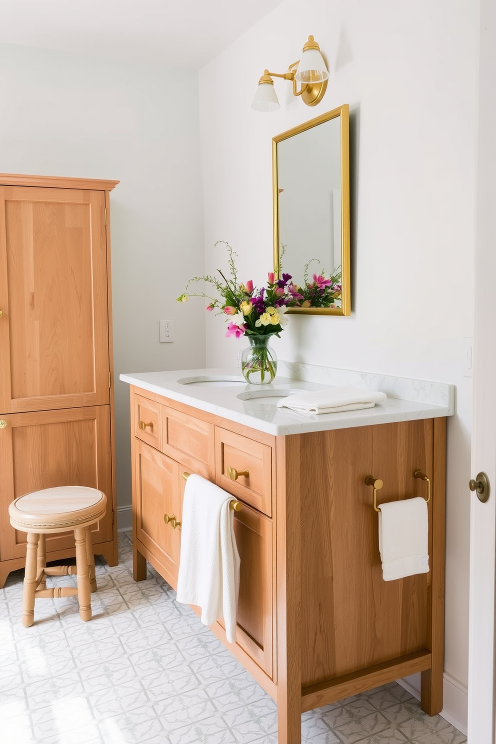 A serene spring bathroom setting. The wooden vanity with a marble countertop features two sinks, complemented by two rectangular mirrors with gold frames hanging above. To the left of the vanity, a tall wooden cabinet provides storage. A small decorative stool is placed beside the vanity, adorned with a vibrant floral arrangement. The walls are painted in a soft pastel hue, bringing a refreshing feel to the space. The floor showcases a delicate white and green patterned tile, enhancing the spring theme. A decorative vase filled with seasonal flowers rests on the countertop, adding a touch of nature. A light-colored towel hangs from one of the sink faucets, completing the inviting atmosphere.